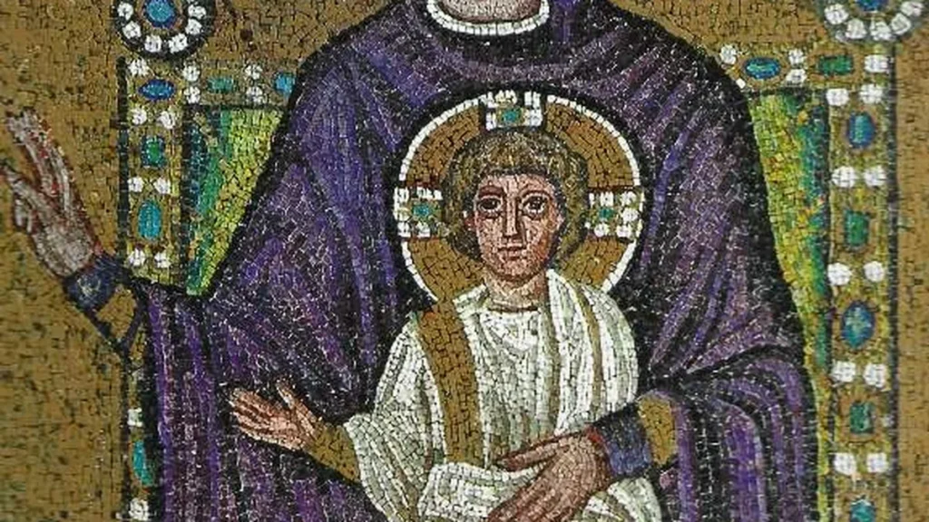Mosaico da Theotokos do 6º século na Basílica de Santo Apolinário Novo, em Ravena, na Itália