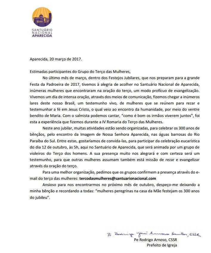 Carta convite do Terço das Mulheres