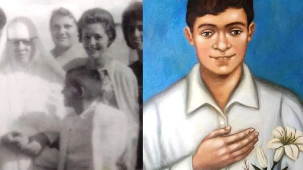 Nelsinho Santana aos nove anos, com a Irmã Genarina da Pediatria no dia de sua Primeira Comunhão, já com o braço amputado. Ao lado, imagem de divulgação.