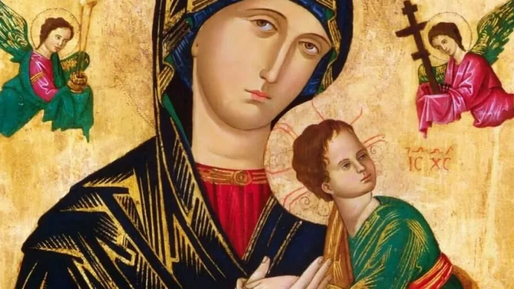 Detalhe do ícone com os anjos e os instrumentos da Paixão de Jesus.