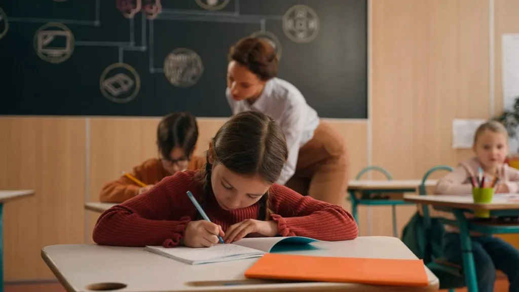 Imagem professora e alunos em sala de aula do artigo Oração pela Fraternidade e Educação