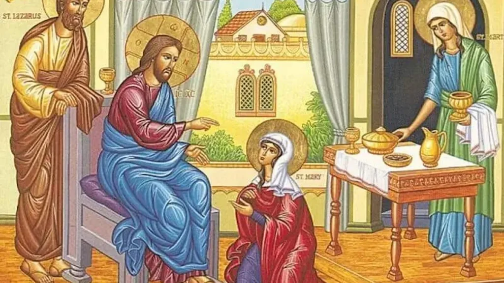 Imagem Icone de Jesus com Marta e Maria do artigo Posso ouvir a Missa enquanto realizo trabalhos domésticos?