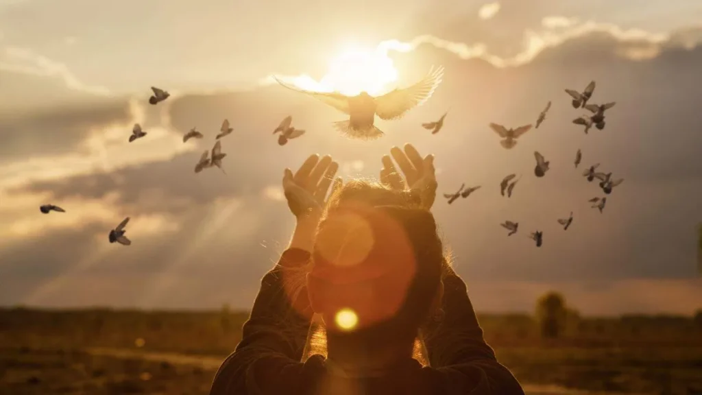 Imagem Pombas voam para as maos da mulher contra o fundo de um por do sol ensolarado durante a oracao do artigo Pe. Henrique Maciel dá dicas para viver bem a Quaresma