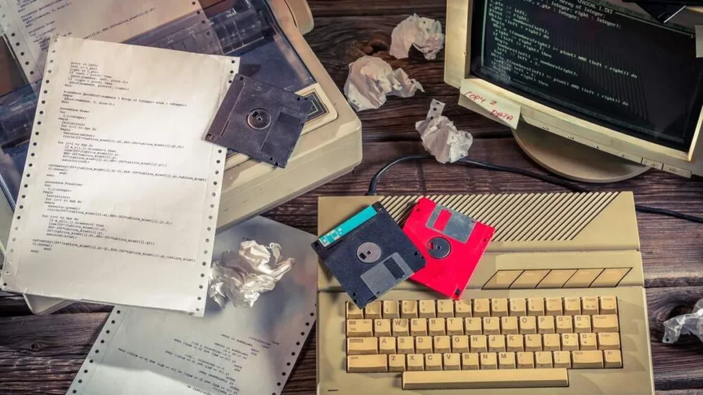 Foto de computador de tubo e disquetes