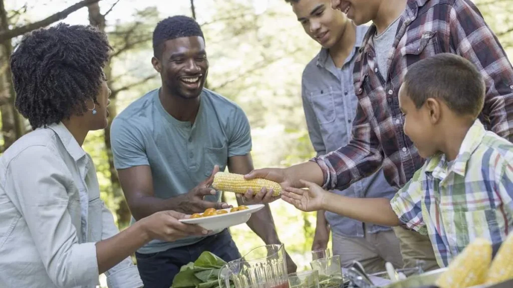 Imagem familia reunida dividindo alimentos do artigo Ouça o hino da Campanha da Fraternidade 2024
