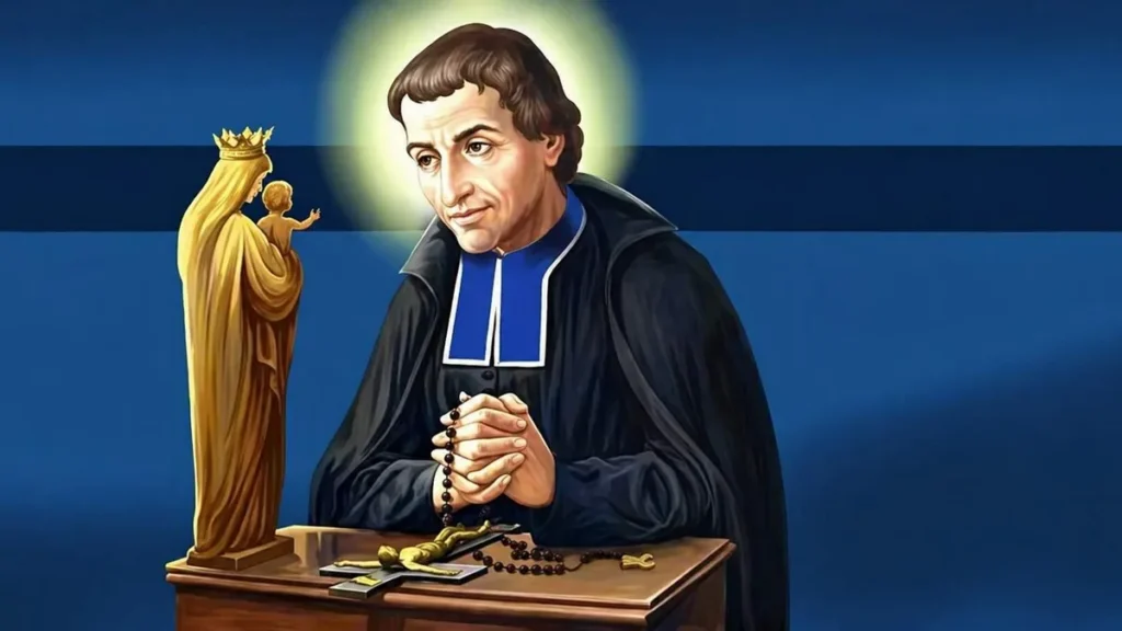 Imagem arte de sao luis maria monfort rezando de frente para uma imagem de nossa senhora do artigo Tratado da Verdadeira Devoção à Virgem Maria: aprenda em 3 pontos