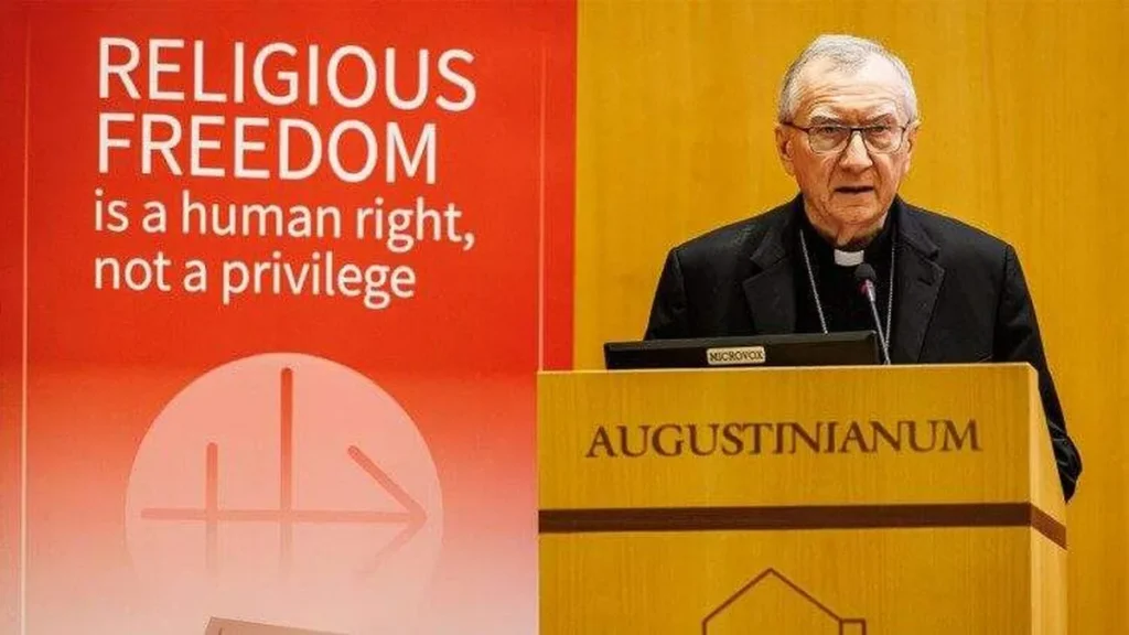 Imagem cardeal parolin discursa em evento da ACN 2025 do artigo Parolin pede ao mundo que defenda a liberdade de crer