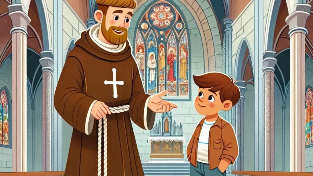 Imagem desenho de Sao Francisco dentro da igreja conversando com um menino do artigo A Santa Missa explicada de forma simples para as crianças