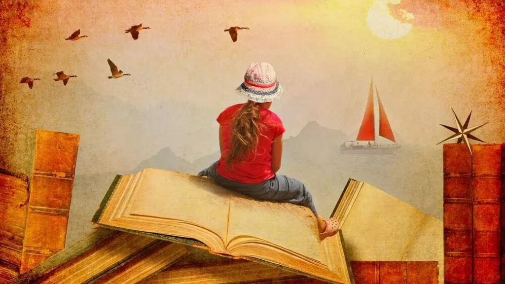 Imagem Menina de costas sentada sobre um livro gigante do artigo Dicas para ajudar seu filho a explorar o mundo dos livros
