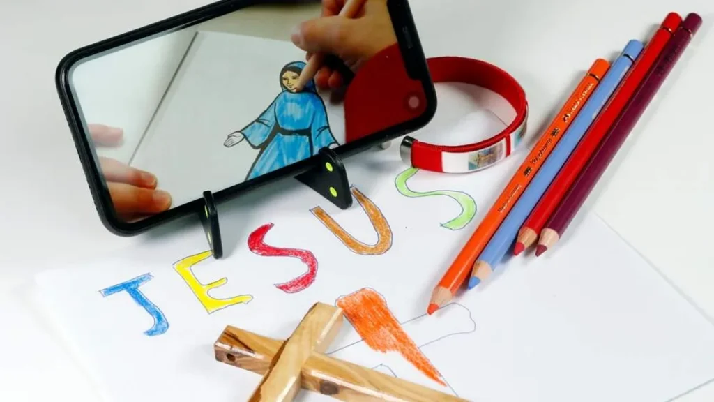 Imagem desenho com escritos Jesus e lapis de cor do artigo Como se preparar para o retorno da catequese?