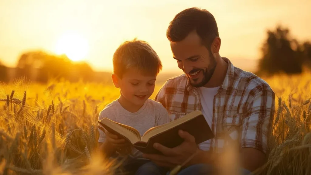 Imagem pai e filho lendo a biblia em um campo do artigo 3 conselhos bíblicos para os pais