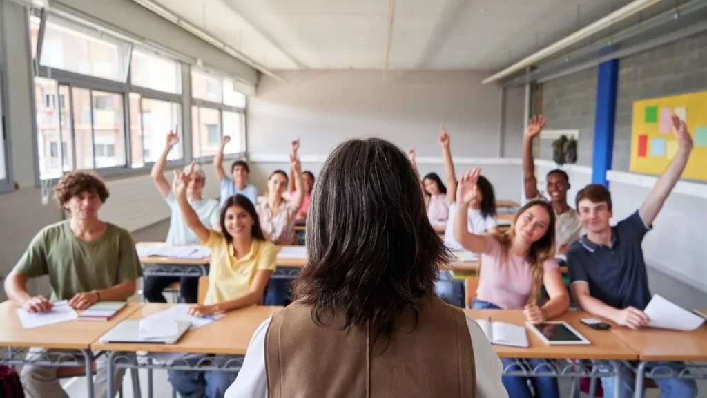 Imagem estudantes levantam a mao para professora que esta no centro da imagem mas de costas de frente aos alunos do artigo Pedagogia da transgressão: uma escola que desperta para o novo