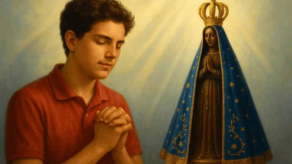 Imagem sao carlo acutis rezando proximo a imagem de Nossa Senhora Aparecida do artigo São Carlo Acutis e a Mãe Aparecida: unidos em outubro