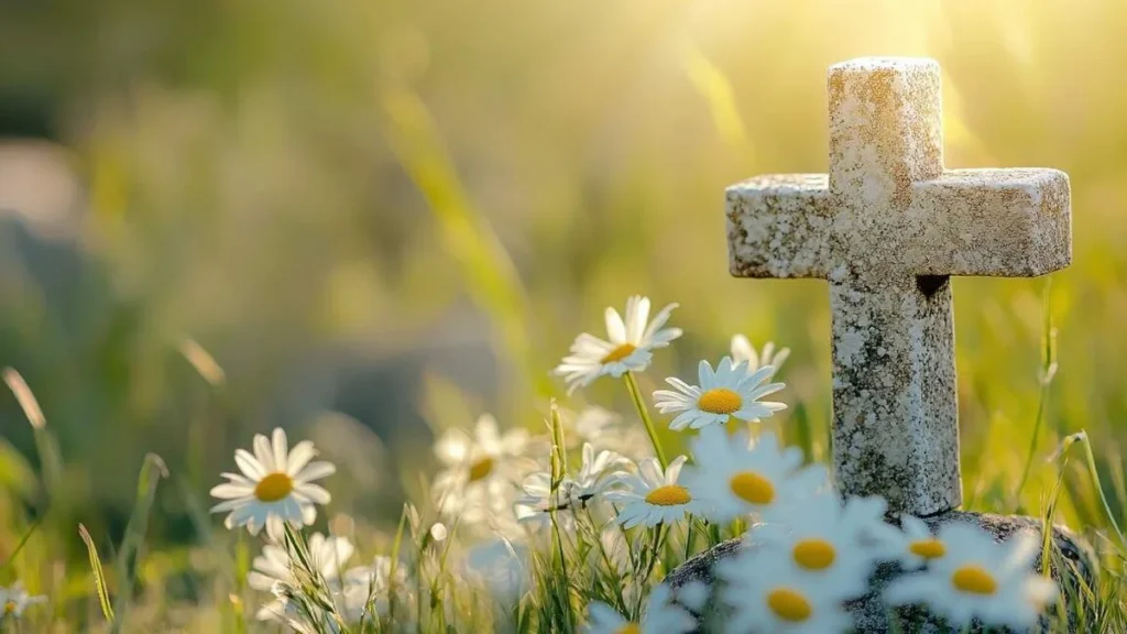 Imagem Flores brancos com grama ao fundo e cruz de pedra representando o dia de finados do artigo Como obter indulgência plenária no próximo dia de Finados?