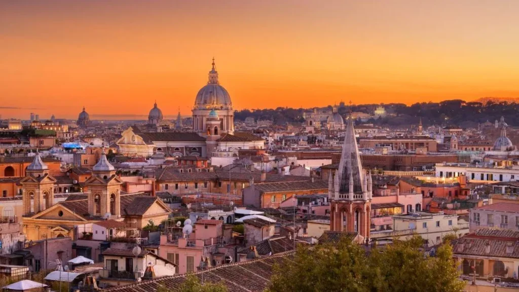 Imagem Vista do horizonte de Roma Italia com edificios historicos ao entardecer. do artigo As torres históricas de Roma e o desabamento da Torre dei Conti