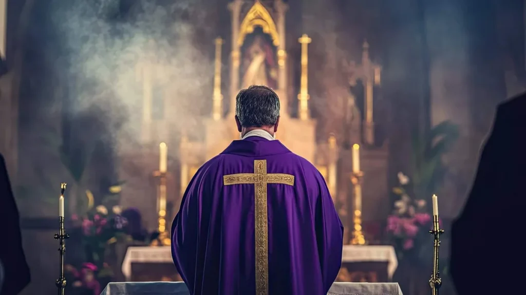 Imagem padre celebrando a missa do advento vestindo roxo do artigo Advento: por que mudam as cores, as velas e as celebrações?