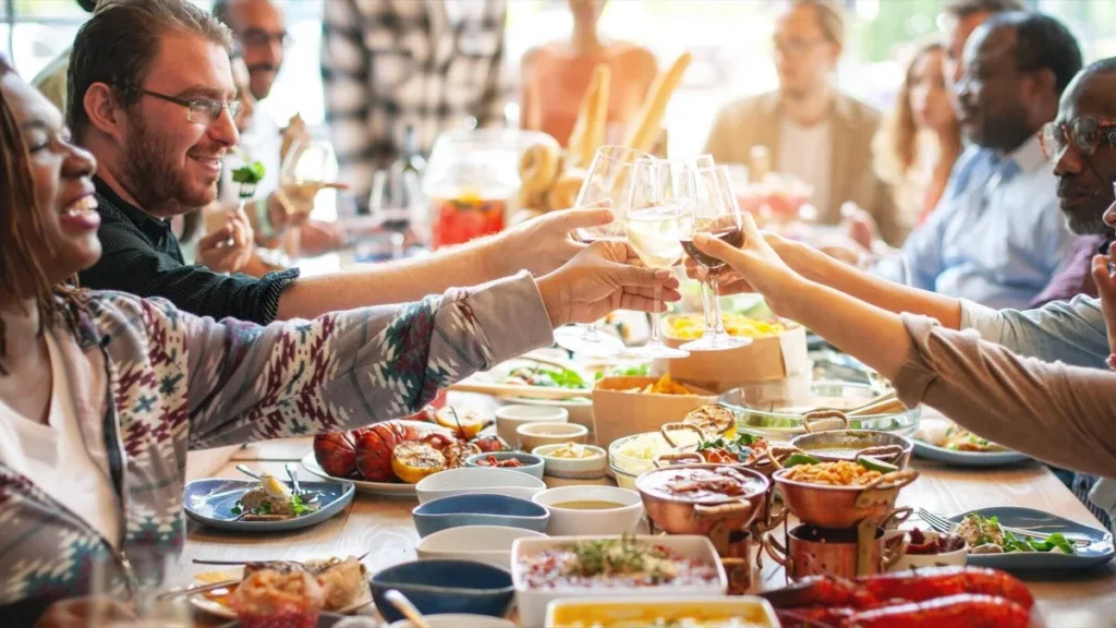 Imagem pessoas de diferentes etnias brindando em um almoco do artigo Diferenças culturais: como aprender a compreender o outro?