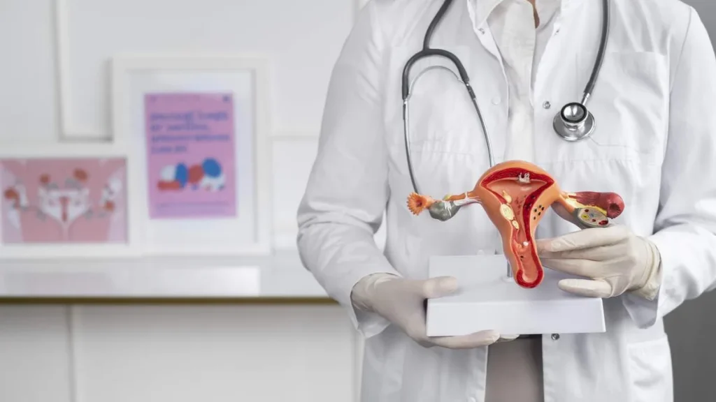 Imagem medico de vista frontal segurando o modelo anatomico Easy Resize.com do artigo Endometriose: quando a dor não é normal