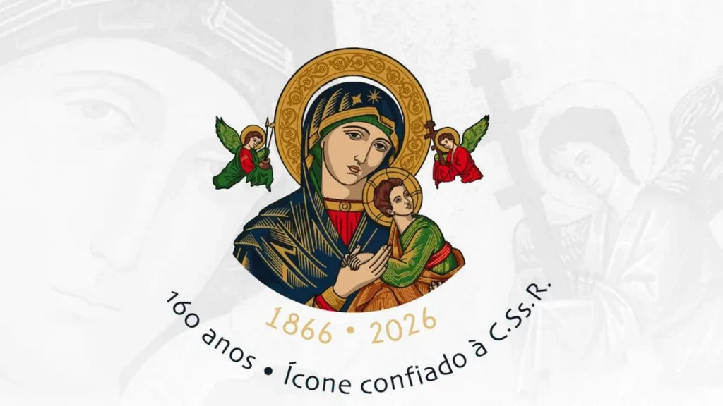 Imagem Selo comemorativo 160 anos N.S Perpetuo Socorro do artigo Saiba como o Ícone do Perpétuo Socorro chegou aos Redentoristas