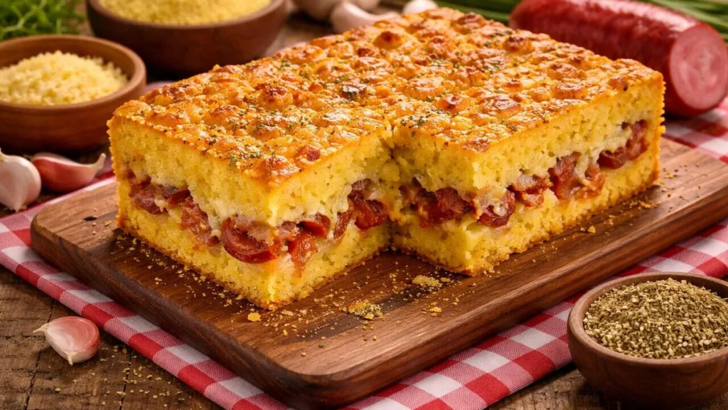 Imagem Torta de Fuba com calabresa do artigo Um Cotidiano Bem Temperado: Torta de Fubá e Calabresa