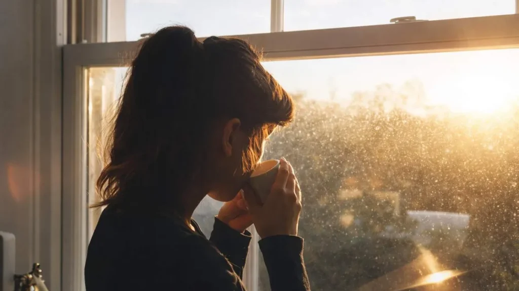 Imagem mulher refletindo na janela nascer do sol do artigo E se você começasse a semana com um propósito diferente?