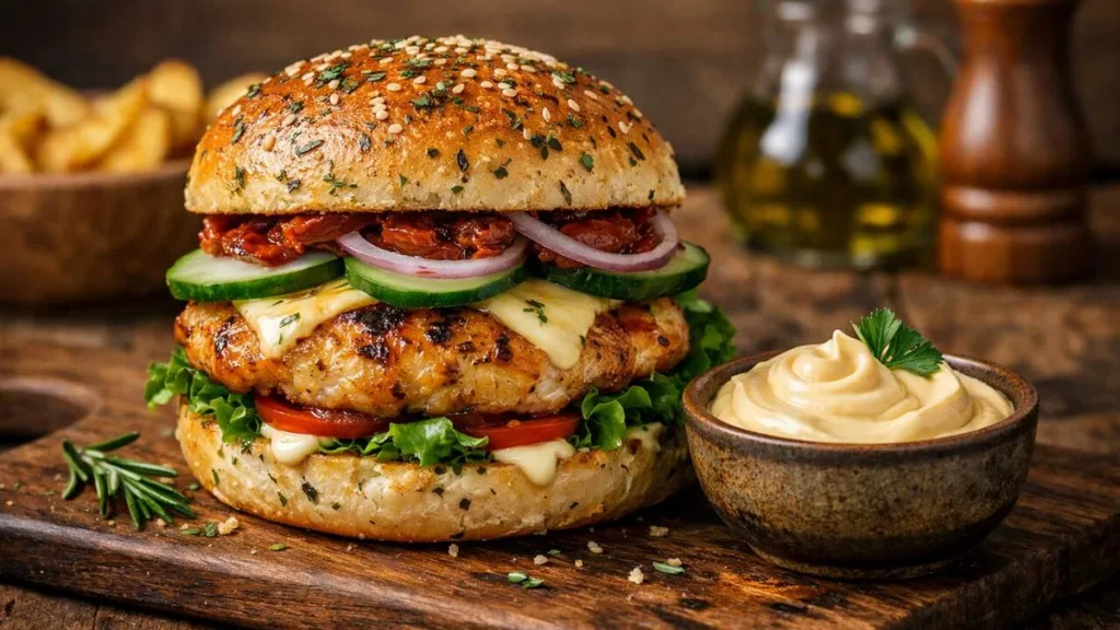 Imagem Hamburguer mediterraneo do artigo Chef no Ar: Pão de Ervas e Hambúrguer Mediterrâneo