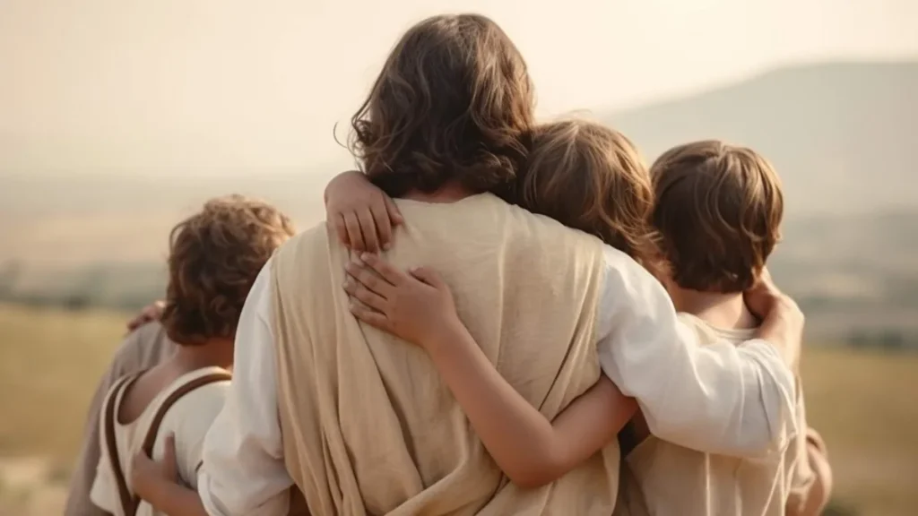 Imagem criancas sendo acolhidos pelo abraco de um homem representandoJesus do artigo Reflexão quaresmal: com Jesus sempre podemos recomeçar