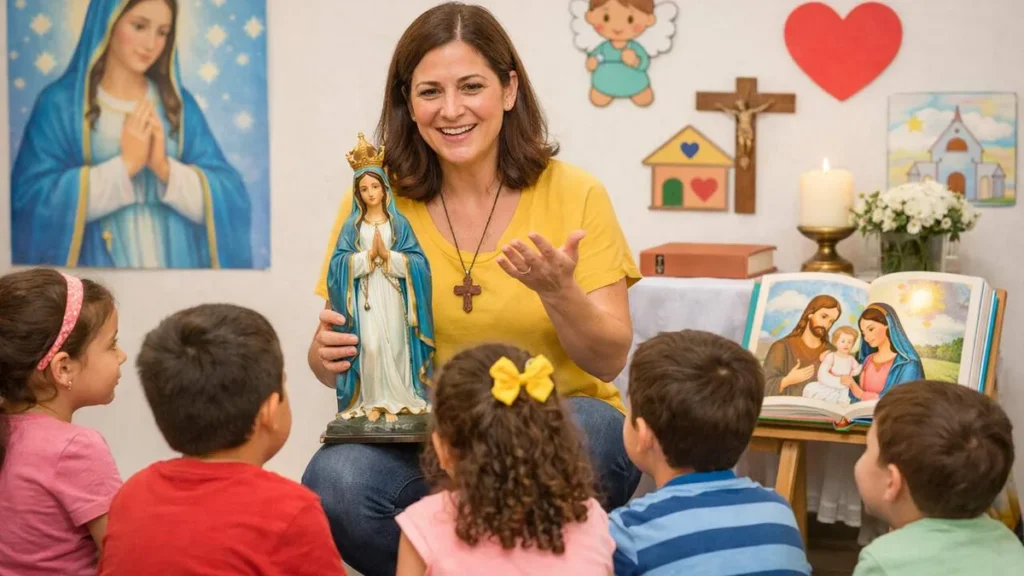 Imagem catequista ensinando sobre nossa senhora para as criancas do artigo Vocação Catequista: como falar de Maria na catequese infantil