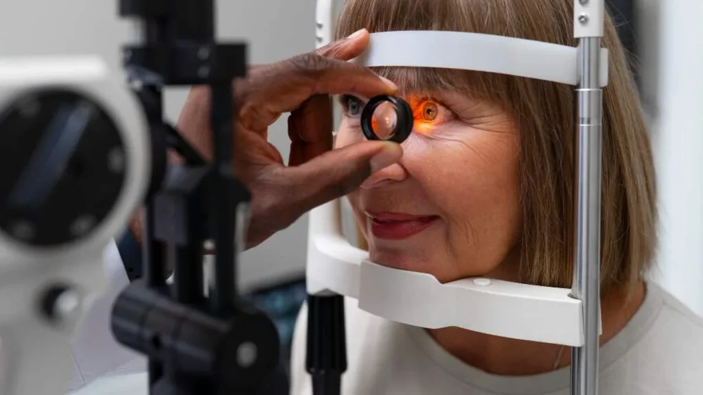 Imagem Mulher fazendo um exame clinico nos olhos do artigo Abril Marrom: informação que protege a visão
