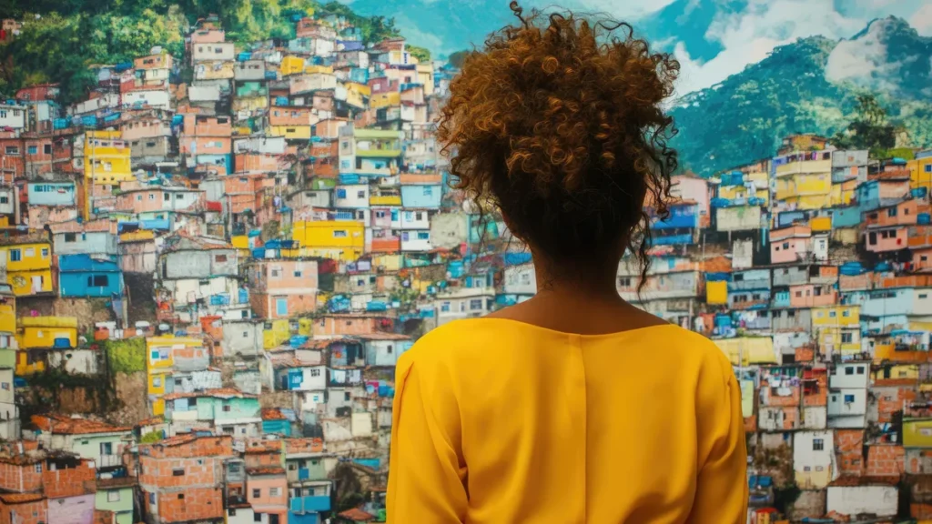 Imagem mulher de costas diante de uma favela desigualdade social do artigo Em mensagem ao povo, CNBB alerta para violência e desigualdade