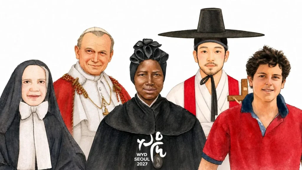 Imagem santos patronos da JMJ Seul 2027 Y Santa Francisca Xavier Cabrini Sao Joao Paulo II Santa Josefina Bakhita Santo Andre Kim Taegon e Sao Carlo Acutis do artigo Acutis, André Kim e mais: conheça os patronos da JMJ 2027